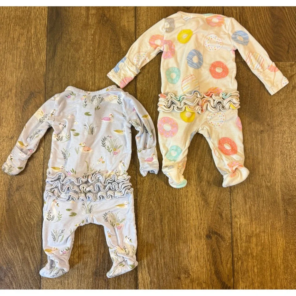 Angel Dear Newborn Baby Girl Bamboo Sleepers Ruffle Bottom Swan Donuts Bundle